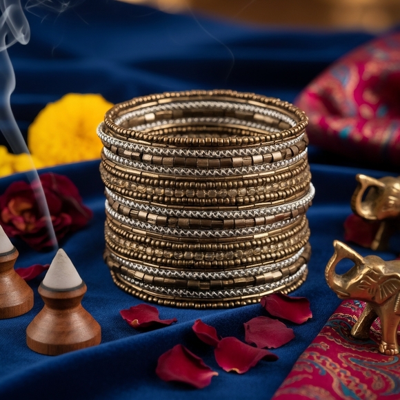 ποΈ Indian Artisanal Beaded Golden Stacked Bracelet Handmade Boho Chic Jewelry - Picture 1 of 14